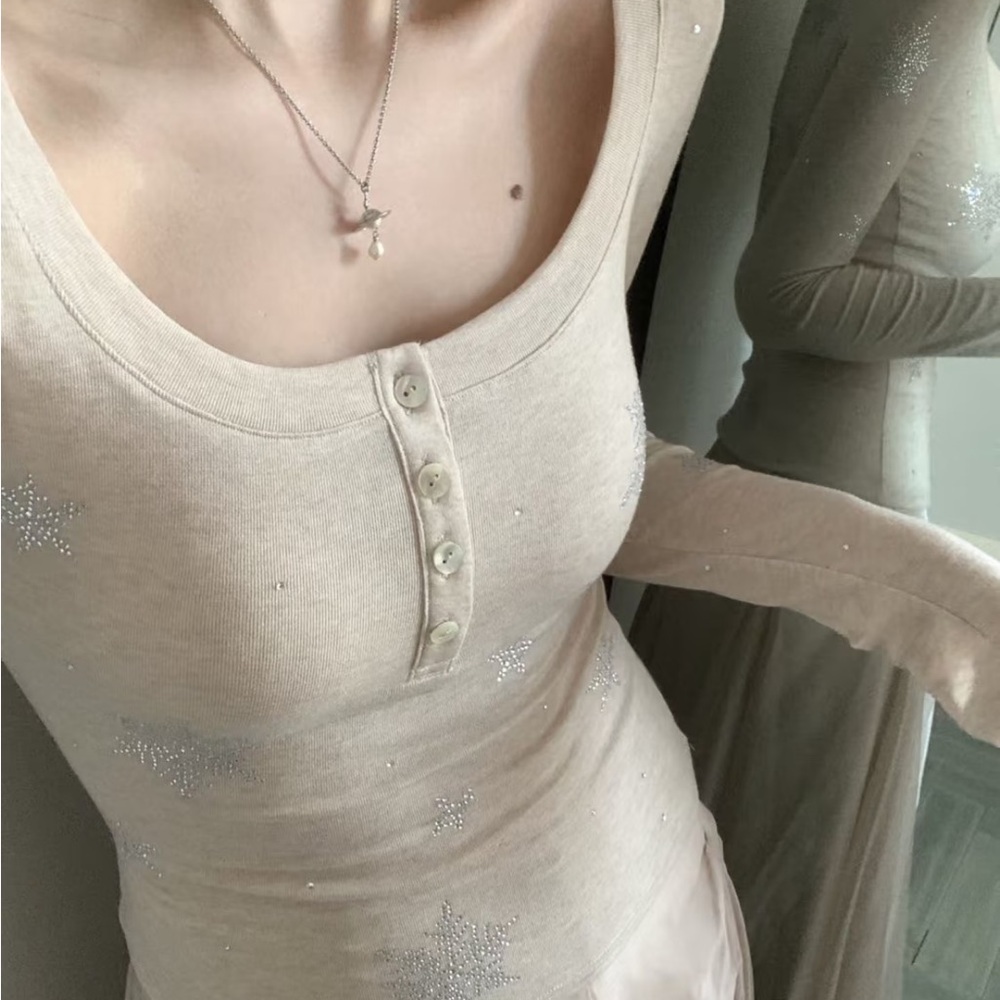 Cream Long Sleeve Top with Silver Star Accents